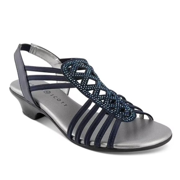 KAREN SCOTT Navy Rhinestone Strappy Elinoor Round Toe Slip On Slingback Sandal - Picture 1 of 6